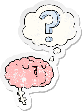 Düşünce baloncuklu çizgi film meraklısı beyin, insan tarafından çizilmiş yıpranmış bir çıkartma gibi.