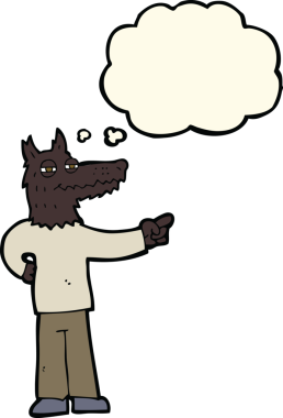 Bir insan tarafından çizilmiş düşünce balonlu bir kurt adam.