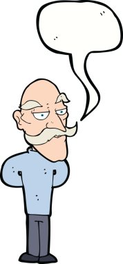 Bir insan tarafından çizilmiş, bıyıklı yaşlı bir çizgi film karakteri.