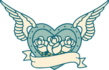 Bir insan tarafından çizilmiş çiçek ve bayrak ile uçan bir kalbin ikonik dövme görüntüsü