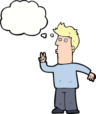 Bir insan tarafından çizilmiş düşünce baloncuğuyla el işareti yapan çizgi film adamı.