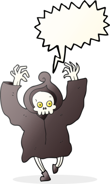 Bir insan tarafından çizilmiş serbest konuşma balonu karikatürü dans eden ölüm iskeleti