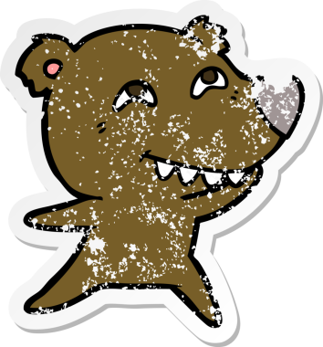 Bir insan tarafından çizilmiş dişleri gösteren bir çizgi film ayısının sıkıntılı çıkartması.