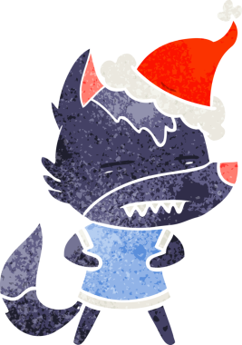 Bir insanın çizdiği Noel Baba şapkasını takan bir kurdun el çizimi karikatürü.