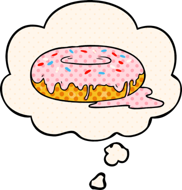 Çizgi roman tarzında bir insan tarafından çizilmiş düşünce baloncuklu çizgi film donutu.