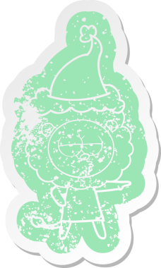 Bir insan tarafından çizilmiş Noel Baba şapkası takan canı sıkkın bir aslanın garip bir karikatürü.