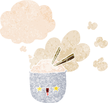 Tatlı karikatür sıcak pirinç kasesi. Düşünce baloncuğu ve grunge dertli retro tarzı bir insan tarafından çizilmiş.