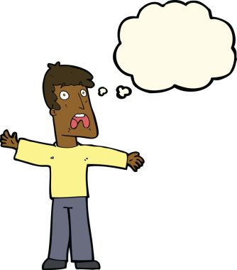 Bir insan tarafından çizilmiş düşünce baloncuğu olan korkmuş bir adam.