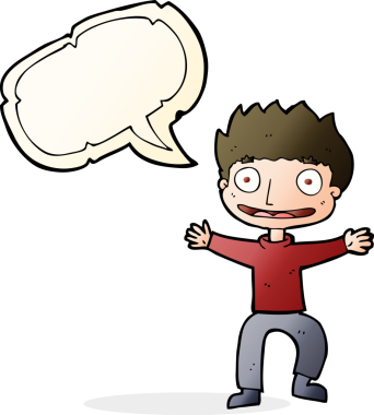 Bir insan tarafından çizilmiş konuşma balonlu sırıtan çocuk.