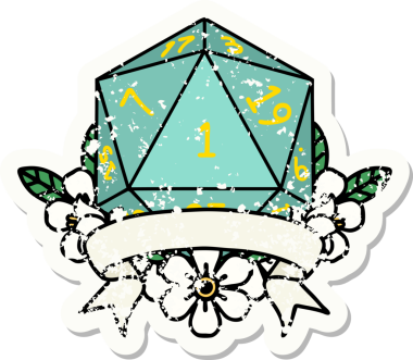 Bir insan tarafından çizilmiş doğal bir d20 zarının grunge çıkartması.