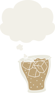 Düşünce baloncuğu ile bir insan tarafından çizilmiş karikatür bardak kola.