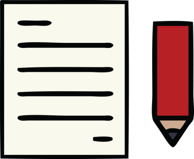 Bir insan tarafından çizilmiş kalem ve kağıdın şirin bir karikatürü.