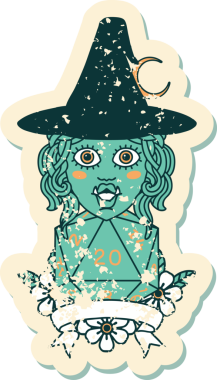 Retro Dövme Biçimi Bir insan tarafından çizilmiş doğal 20 zarlı yarı ork cadı karakteri