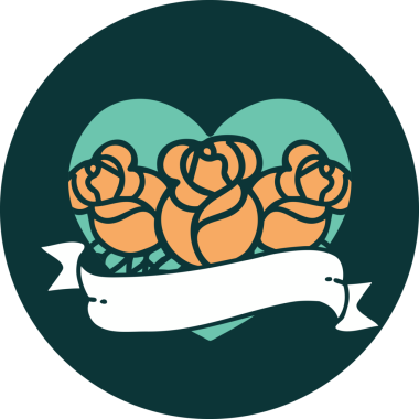 İkonik dövme stili bir kalp ve bir insan tarafından çizilmiş çiçekli pankart.