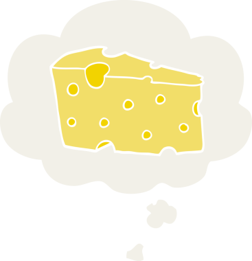 Düşünce baloncuklu çizgi film peyniri insan tarafından çizilmiş.