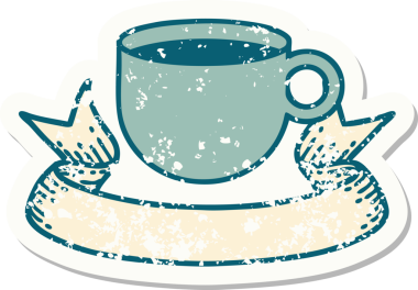 Bir insan tarafından çizilmiş kahve fincanı olan eski bir etiket.