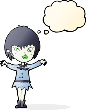 Bir insan tarafından çizilmiş düşünce balonlu vampir kız.