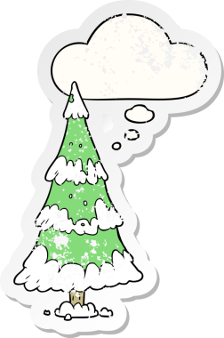Düşünce baloncuğu olan karikatür Noel ağacı bir insan tarafından çizilmiş yıpranmış bir çıkartma.