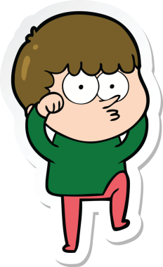 Bir çizgi filmin çıkartması. Meraklı bir çocuk. Bir insan tarafından çizilmiş inançsızlıkla gözlerini ovuşturuyor.