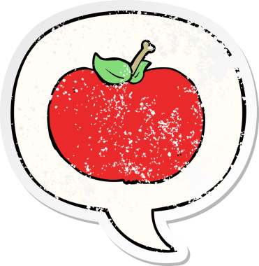 Konuşma baloncuklu çizgi film elması bir insan tarafından çizilmiş sıkıntılı eski bir çıkartma