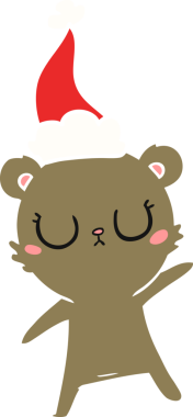 Bir insan tarafından çizilmiş Noel Baba şapkası takan bir ayının düz renk çizimi.