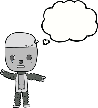 Bir insan tarafından çizilmiş düşünce baloncuklu çizgi film robotu