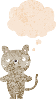 grunge 'da düşünce baloncuğu olan çizgi film kedisi bir insan tarafından çizilmiş dertli retro desenli