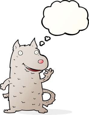 Bir insan tarafından çizilmiş düşünce balonlu mutlu bir köpek.