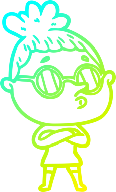 Bir insan tarafından çizilmiş gözlük takan çizgi film kadını çizimi.