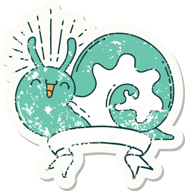 Dövme stili eski bir çıkartma. Bir insan tarafından çizilmiş mutlu salyangoz.