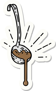 Bir insan tarafından çizilmiş et suyu dolu dövme kepçesinin çıkartması.