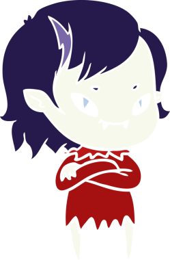 Bir insan tarafından çizilmiş düz renkli çizgi film arkadaş canlısı vampir kız.