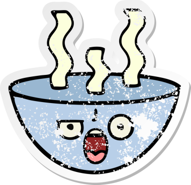 Bir insan tarafından çizilmiş sıcak çorba kasesinin hüzünlü çıkartması.