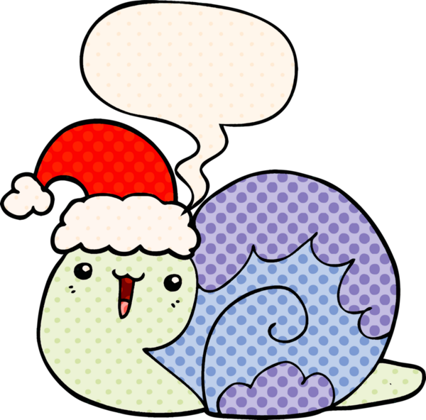 Bir insan tarafından çizilmiş çizgi roman tarzında konuşma baloncuğu olan şirin bir Noel salyangozu.