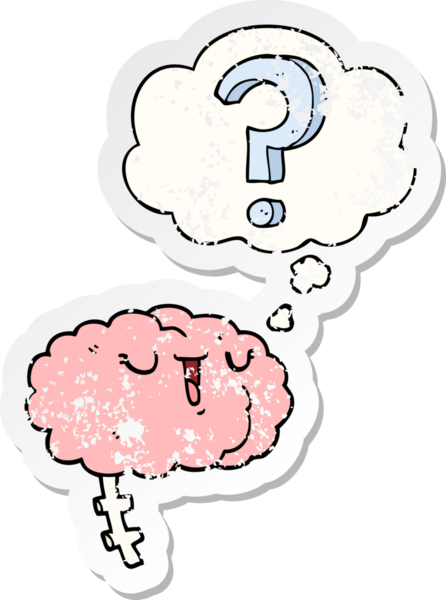 Düşünce baloncuklu çizgi film meraklısı beyin, insan tarafından çizilmiş yıpranmış bir çıkartma gibi.