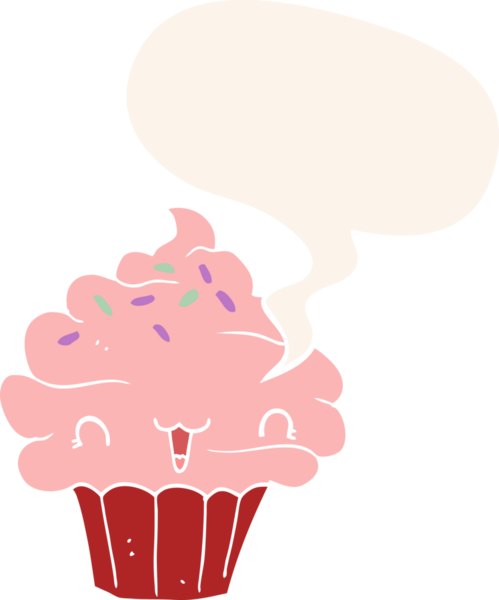 Bir insan tarafından çizilmiş eski moda konuşma baloncuğu olan tatlı çizgi film şekerli kek.