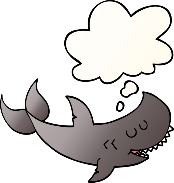 Bir insan tarafından çizilmiş, düşünce baloncuklu çizgi film köpekbalığı.