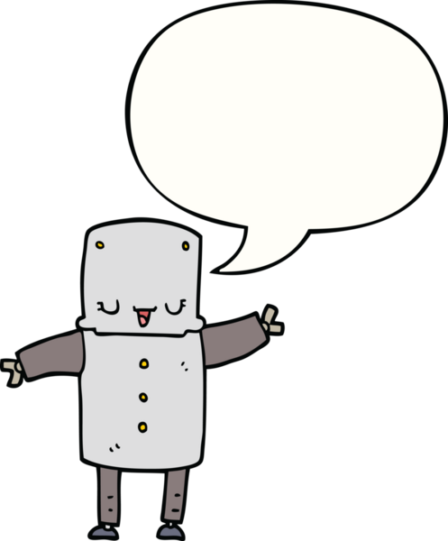 Bir insan tarafından çizilmiş konuşma balonu olan çizgi film robotu.