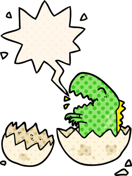 Bir insan tarafından çizilmiş çizgi roman tarzında konuşma baloncuğu ile yumurtadan çıkan karikatür dinozoru.