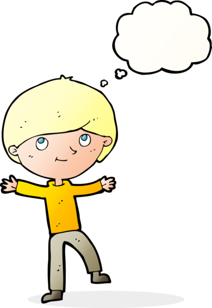 Bir insan tarafından çizilmiş düşünce baloncuğu olan heyecanlı çocuk.