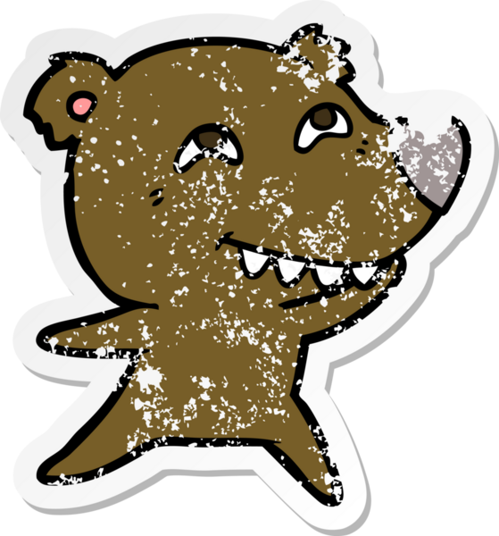 Bir insan tarafından çizilmiş dişleri gösteren bir çizgi film ayısının sıkıntılı çıkartması.