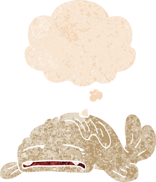 Düşünce baloncuğu olan üzgün yaşlı bir balık çizgi filmi. Bir insan tarafından çizilmiş dertli retro tarzı.