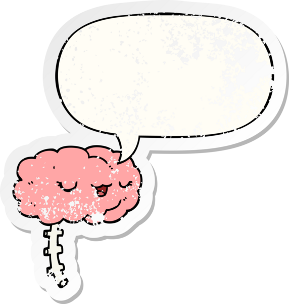 Konuşma baloncuğu olan mutlu çizgi film beyni bir insan tarafından çizilmiş sıkıntılı eski bir çıkartma