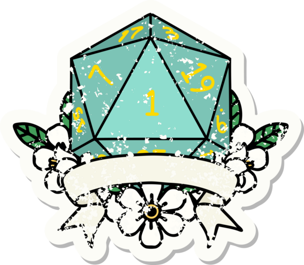 Bir insan tarafından çizilmiş doğal bir d20 zarının grunge çıkartması.