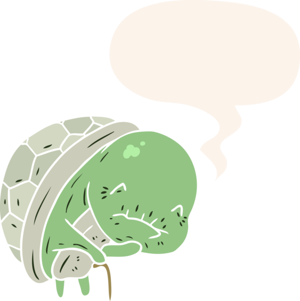 Bir insan tarafından çizilmiş, konuşma baloncuğu olan yaşlı, tatlı bir kaplumbağa.