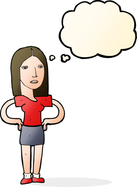 Bir insan tarafından çizilmiş düşünce baloncuğu olan elleri kalçasında çizgi film kadını.