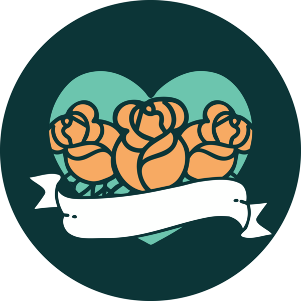 İkonik dövme stili bir kalp ve bir insan tarafından çizilmiş çiçekli pankart.