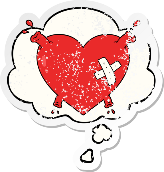 Karikatür kalbi, insan tarafından çizilmiş yıpranmış bir çıkartma gibi düşünce balonuyla kan fışkırtıyor.