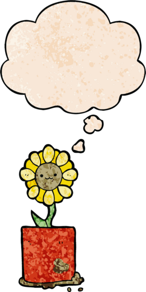 Bir insan tarafından çizilmiş grunge desen tarzında düşünce baloncuğu olan sevimli çizgi film çiçekleri.