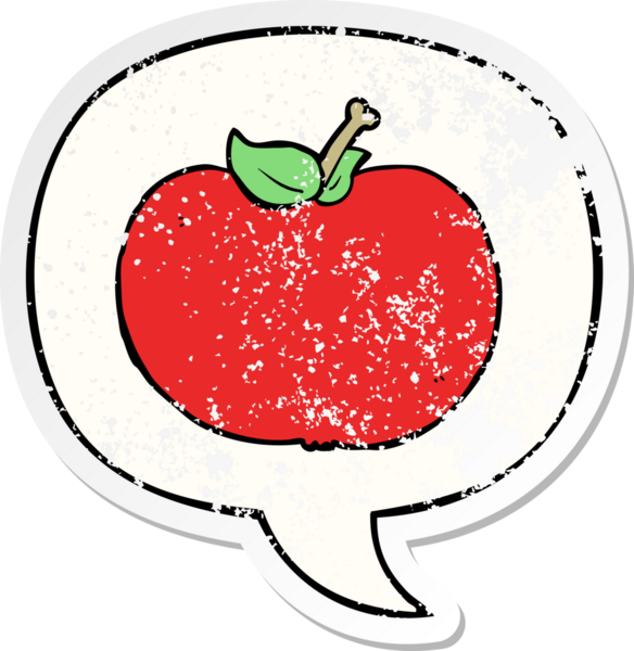Konuşma baloncuklu çizgi film elması bir insan tarafından çizilmiş sıkıntılı eski bir çıkartma